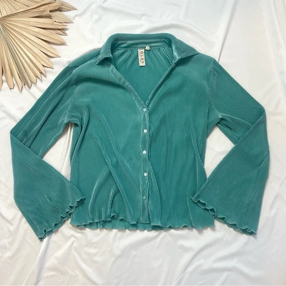 Anthropologie Dolan Lettuce Hem Teal Turquoise Button Front Pleated Shirt Top - Picture 4 of 9